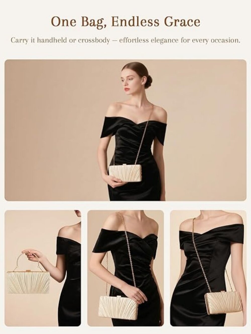 Champagne Scalloped Satin Evening Clutch - Picture 5 of 5